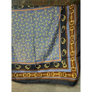 Equestrian Navy Blue Gold Buckles Square Scarf Italy Guarisco New 34” X 34”